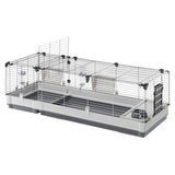 Large enclosure with metal mesh walls, plastic floor and accessories such as water bottles and food bowls. Side doors and top opening visible.