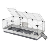 Large cage with metal mesh walls, plastic base, folding lid, food container and ramp. Suitable for small animals.