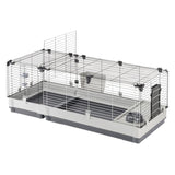 Small animal cage with metal grid walls, plastic base, feeding station and water bottle. Side door and removable top cover visible.