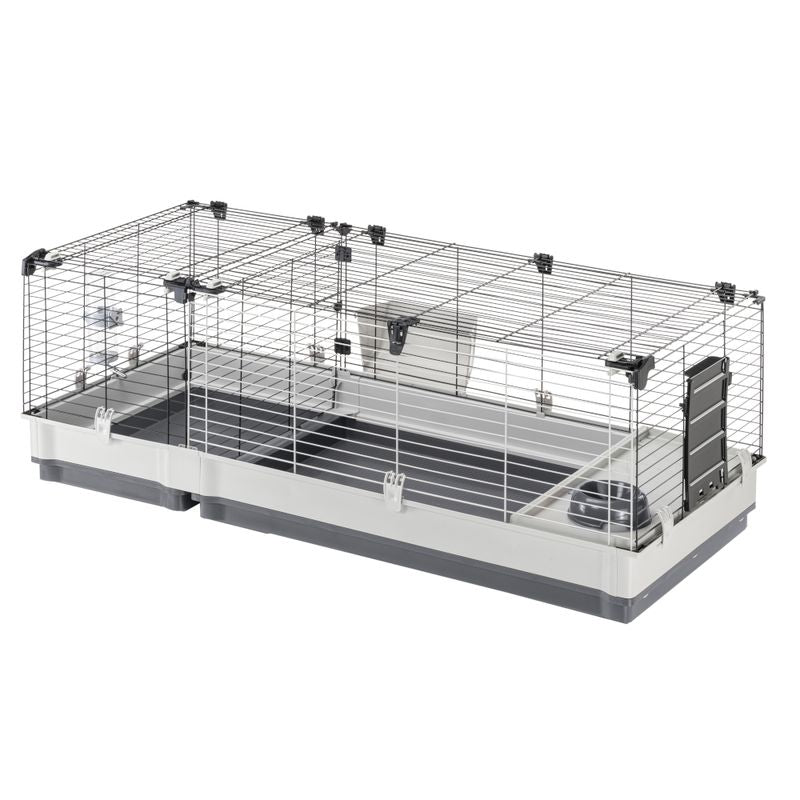 Small animal cage with metal grid walls, plastic base, feeding area and side door opening.