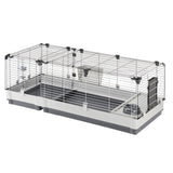 Small animal cage with metal grid walls, plastic base, feeding area and side door opening.