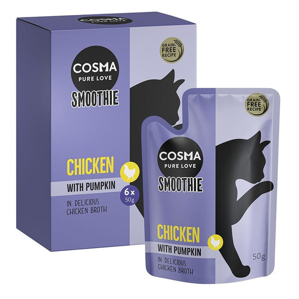 Cosma Smoothie Chicken with Pumpkin, grain-free recipe. Pack with 6 x 50g pouches in tasty chicken broth.