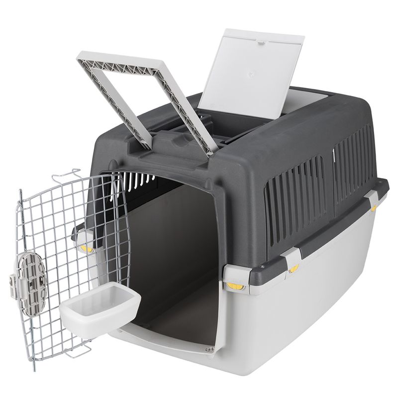 Transport box with grey lid, metal grid door, removable food bowl and top folding compartment. Suitable for safe transport of pets.