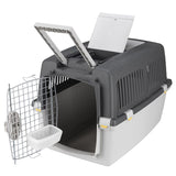 Transport box with grey lid, metal grid door, removable food bowl and top folding compartment. Suitable for safe transport of pets.