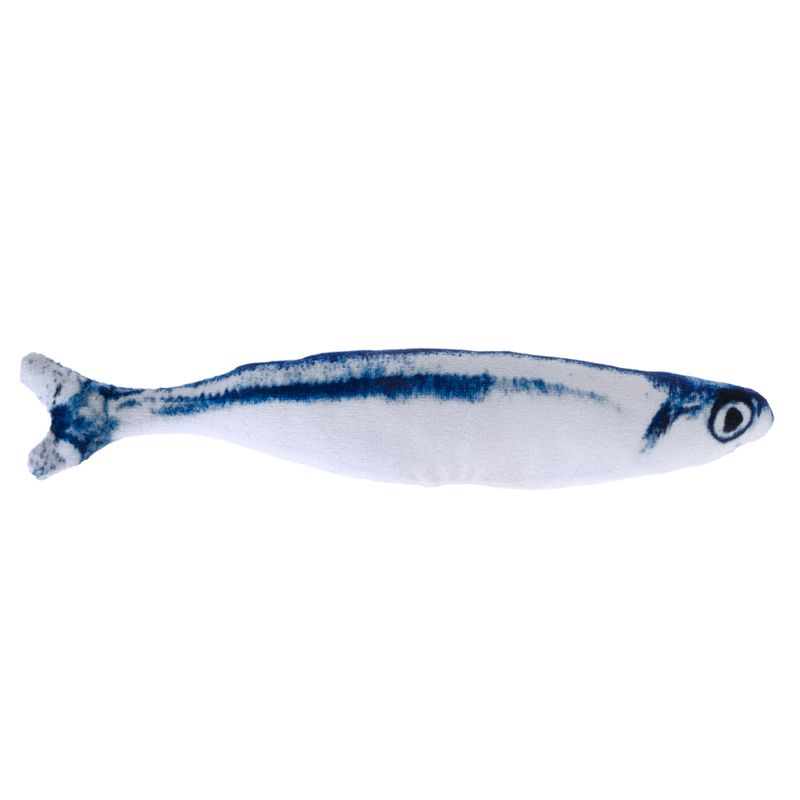 Toy in the shape of a white fabric fish with blue stripes and printed fish design.