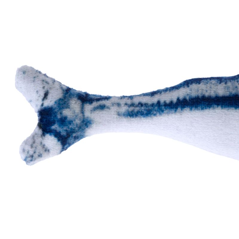Toy in fish shape with blue and white colouring, soft material.