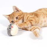 Red tomcat playing with round felt toy in grey and white with face pattern.