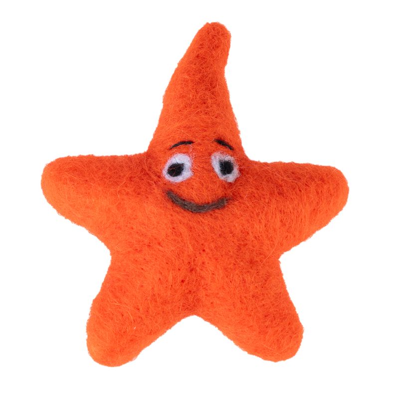 Orange felt starfish with smiling face and embroidered eyes, suitable as toy or decoration.