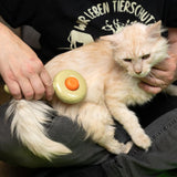 Person brushing a cat with a yellow brush with an orange button. Demonstration of using a pet care product.