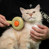 Beige cat brush with orange button used on light-coloured cat fur, held by a person.