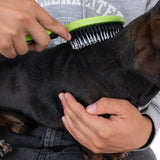 Person brushing a dog's coat with a green brush. Demonstration of coat care with the product.