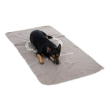 Dog lying on grey blanket with white 'Enjoy your ultimate' lettering and laurel wreath design.