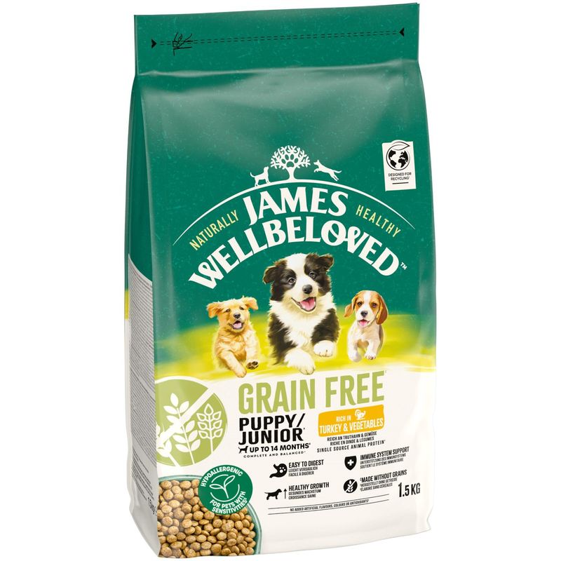 James Wellbeloved Grain Free Puppy/Junior up to 14 months, rich in turkey and vegetables, hypoallergenic, light and easily digestible, grain-free, 1.5 kg.