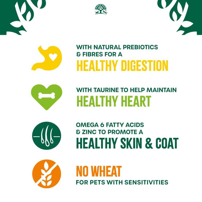 Natural prebiotics and fibres for healthy digestion, taurine for heart health, omega 6 and zinc for skin and coat, no wheat for pets with sensitivities.