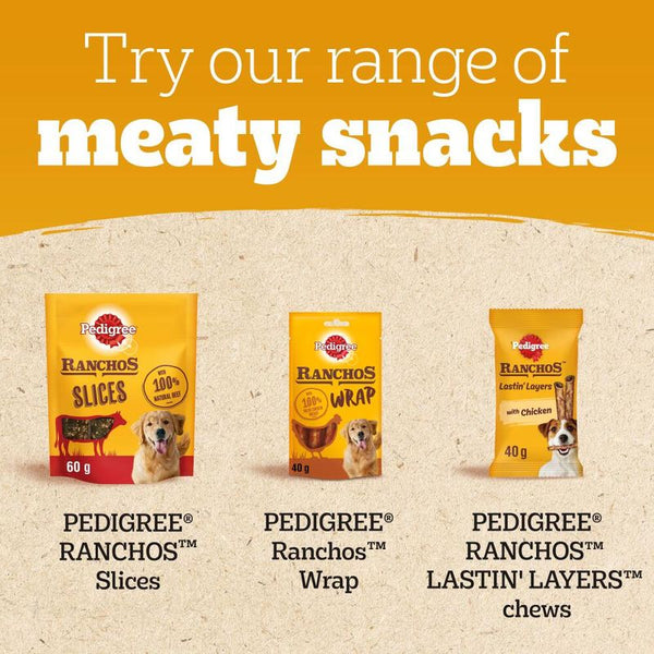 Try our range of meaty snacks: PEDIGREE RANCHOS Slices, PEDIGREE Ranchos Wrap, PEDIGREE RANCHOS LASTIN' LAYERS chews with chicken. 60g and 40g packs shown.
