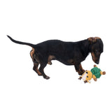 Dog playing with green and yellow fabric toy in animal shape.