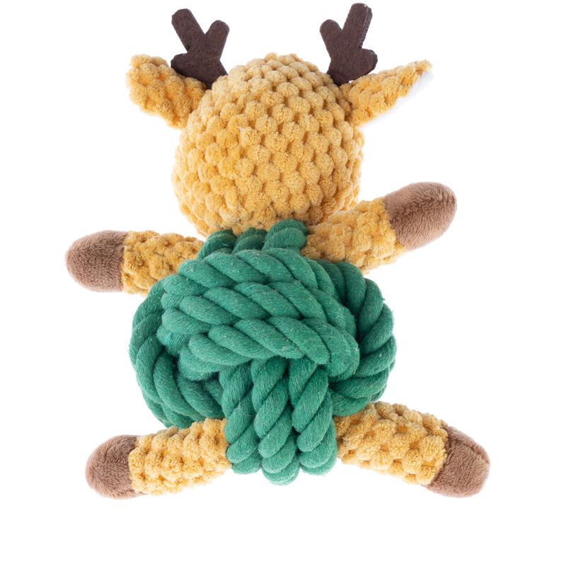 Toy shaped like a reindeer made of yellow plush with a green knotted rope centre and brown antlers. Suitable for pets to play or chew.