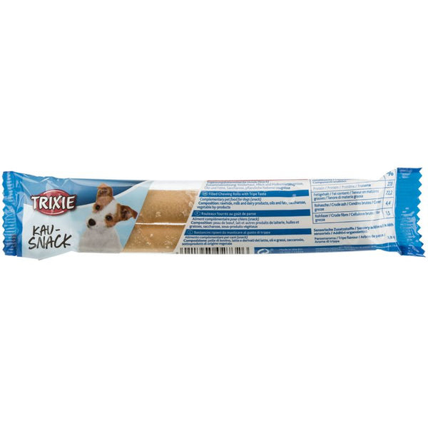 Trixie chew snack with filled chew rolls and tripe flavour. Complementary food for dogs. Nutritional values: protein 22%, fat content 4%, crude ash 4.4%, moisture 15%.