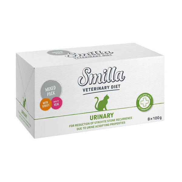 Smilla Veterinary Diet Urinary, mixed pack with turkey and veal, 8x100g. Developed with veterinarians to reduce struvite stones through urine-acidifying properties.