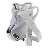 Grey pet harness made of soft fleece with adjustable straps and click fastener. Inside: breathable mesh material.