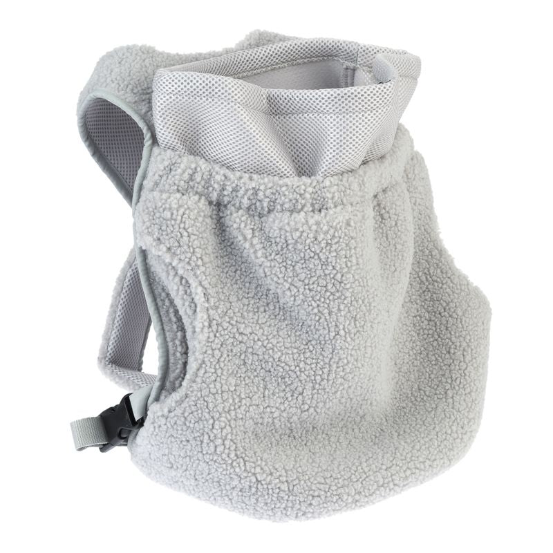 Grey pet carrier backpack made of soft fleece with adjustable straps and breathable mesh material.