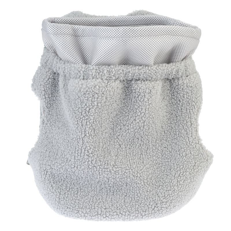 Grey pouch made of soft fleece with mesh top, suitable for transport or storage.