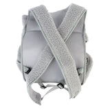 Grey pet carrier backpack with padded, crossed shoulder straps and adjustable buckles. Rear view of the design.