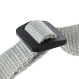Close-up of a grey nylon strap with a black plastic buckle, suitable for fastening or adjustments.