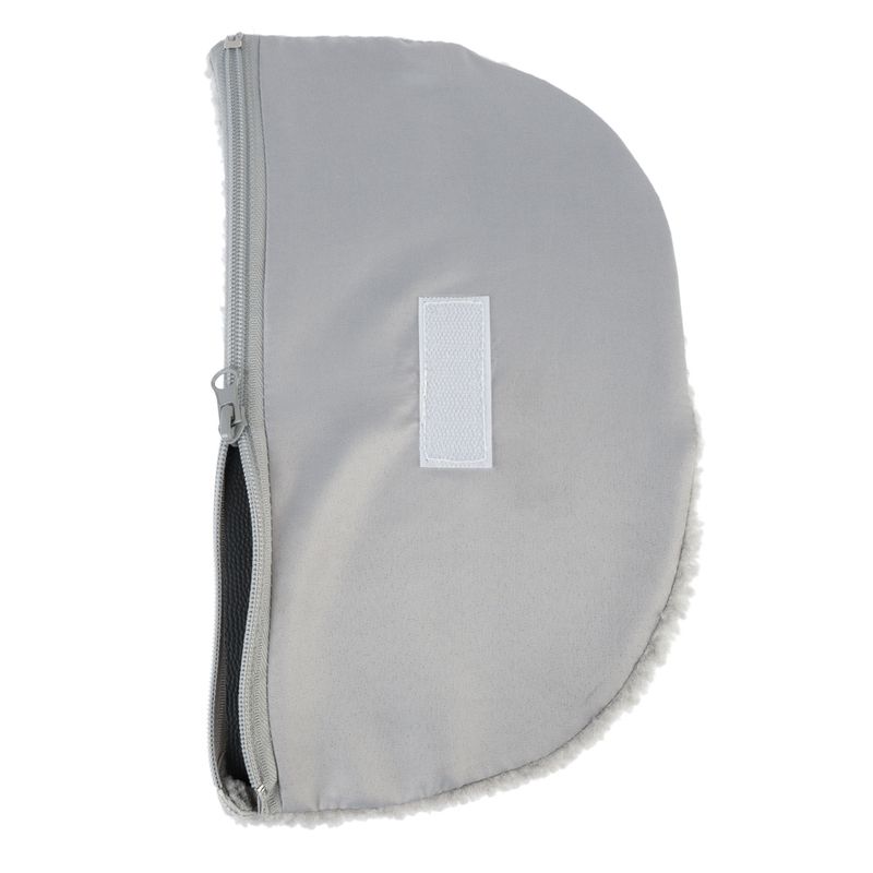 Grey, semi-circular cover with zip and hook-and-loop fastener, made of fabric and soft lining. Visible functional details.