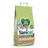 Sanicat Natura Active Vegetal Clumping Litter, biodegradable and compostable, 100% green, reduced environmental impact, 2.5kg packaging with cat design.
