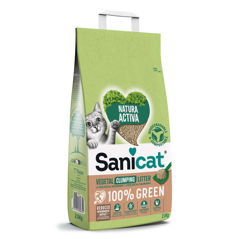 Sanicat Natura Active Vegetal Clumping Litter, biodegradable and compostable, 100% green, reduced environmental impact, 2.5kg packaging with cat design.