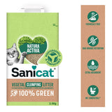 Sanicat Natura Active Vegetal Clumping Litter, 100% green, biodegradable and compostable. Features: chemical-free, odour-binding, extra absorbent, toilet-compatible.