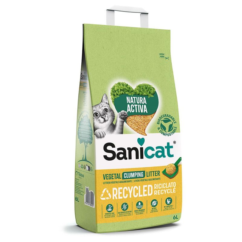 Sanicat Natura Active Vegetal Clumping Litter, biodegradable and compostable, recycled packaging, 6L. With heart symbol and cat on green background.
