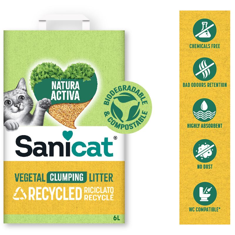 Sanicat vegetal clumping litter, recycled, biodegradable and compostable. Features: chemicals free, retains bad odours, highly absorbent, no dust, WC compatible. 6 litres.