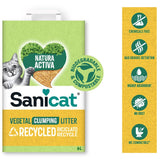 Sanicat vegetal clumping litter, recycled, biodegradable and compostable. Features: chemicals free, retains bad odours, highly absorbent, no dust, WC compatible. 6 litres.