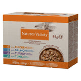 Nature's Variety Bites in Gravy, 12x85g, varieties: chicken, salmon, turkey, tuna. Complete and balanced, no artificial additives, made with natural ingredients.