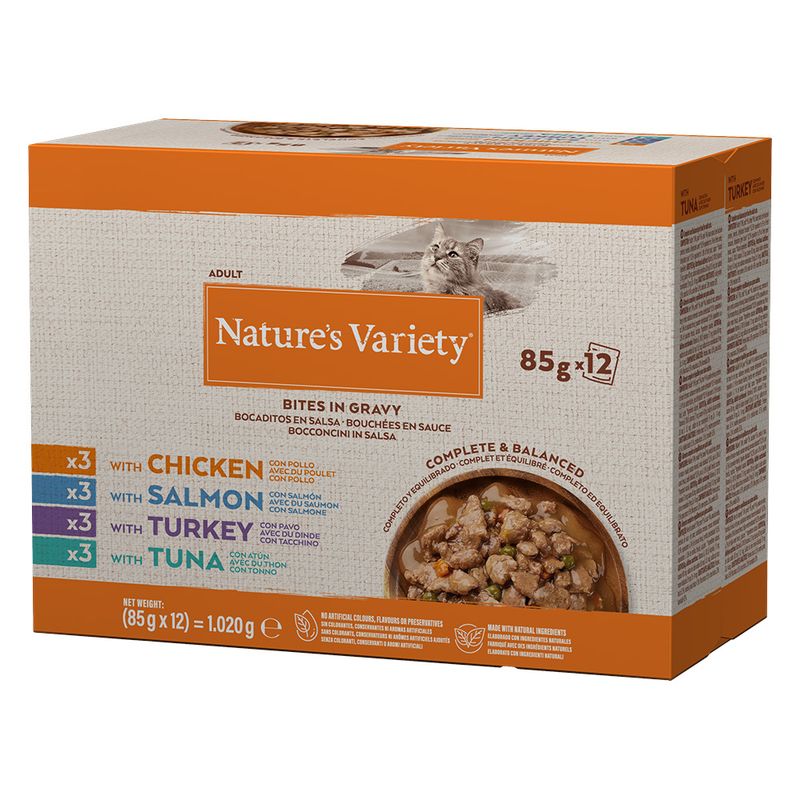Nature's Variety Bites in Gravy, 12x85g, varieties: chicken, salmon, turkey, tuna. Complete and balanced, no artificial additives, made with natural ingredients.