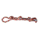 Braided toy rope with red, white and black fibres, three knots and a loop at the end.