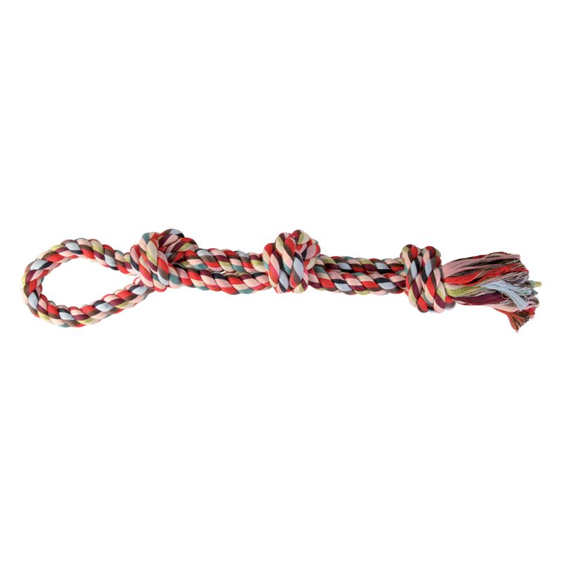 Braided toy rope with red, white and black fibres, three knots and a loop at the end.