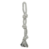 Grey rope chew toy with loop, three knots and tassels at the end.