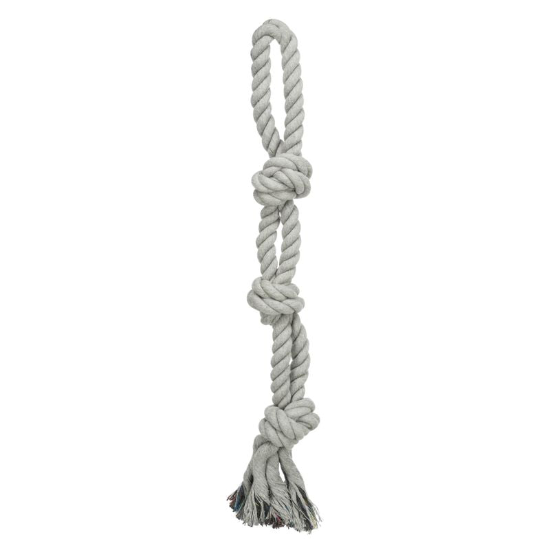 Grey rope chew toy with loop, three knots and tassels at the end.