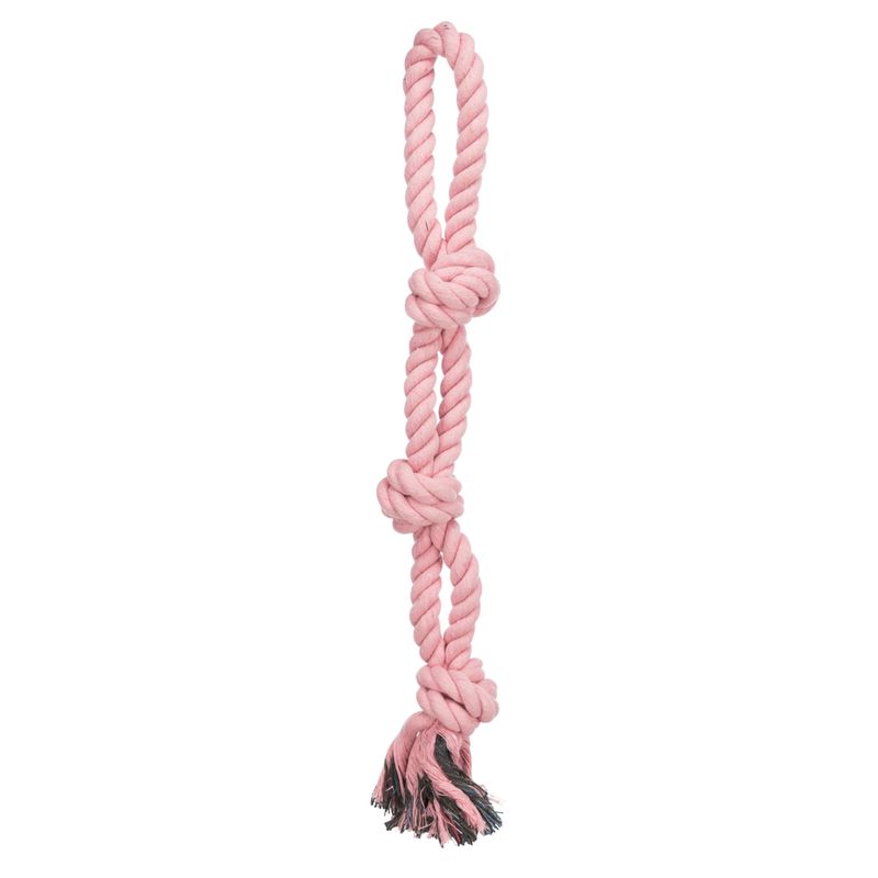 Pink toy rope with three knots and loop, frayed ends.