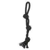 Black toy rope with multiple knots and a loop, suitable for tug and throw games.
