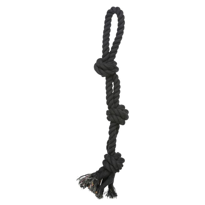 Black toy rope with multiple knots and a loop, suitable for tug and throw games.
