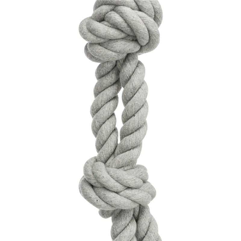 Grey rope toy with two knots, made of durable material.