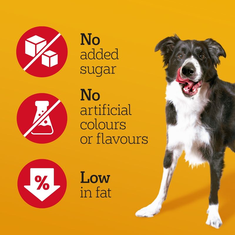 No added sugar, no artificial colours or flavours, low in fat. Three icons with these product features shown next to a dog.