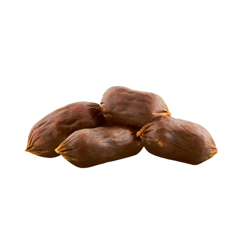 Four small, brown sausage-shaped pet food portions tied at the ends, shown on a white background.