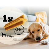 Feeding guide showing one chew per 24 hours for dogs over 25 kg, with a dog chewing the product.
