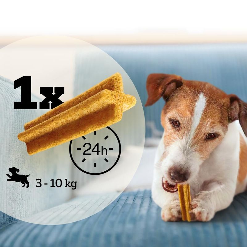 Feeding guide showing one chew per 24 hours for pets weighing 3 to 10 kg, with a pet chewing the product.