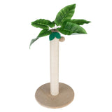 Cat tree in the shape of a palm tree with sisal trunk, green leaves and round fabric base plate.